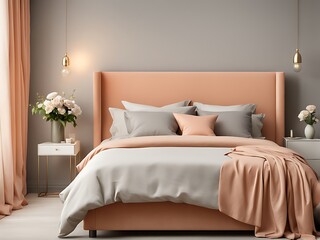 Bedroom in Delicate Peach Fuzz Color Trend 2024 with Panton Furniture and Accent Wall. Modern Luxury Room Interior for Home or Hotel. Empty Warm Apricot Paint Background for Art. 3D Render.