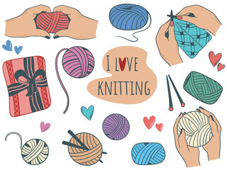 Hand knitting kit, knitting needles, yarn, hands knitting scarf. Crafts hobby colored doodle sketch style. Cute simple knitting elements, vector graphics
