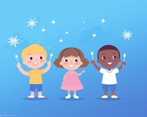 Naklejka premium 2D illustration of children holding sparklers at a Fourth of July party, festive atmosphere, night sky