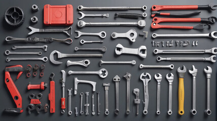 Fototapeta premium An assortment of automotive tools, including jack stands and tire irons, systematically arranged on a plain metal background, Generative AI