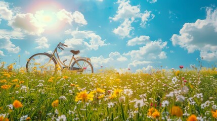 Naklejka premium Beautiful spring and summer natural landscape, riding a bicycle on a flowering meadow on a sunny day against the blue sky and white clouds, travel, green outing, low carbon, World Environment Protecti