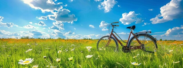 Naklejka premium Beautiful spring and summer natural landscape, riding a bicycle on a flowering meadow on a sunny day against the blue sky and white clouds, travel, green outing, low carbon, World Environment Protecti