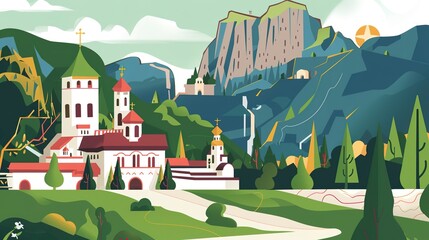 Mountain monasteries infographic flat design side view spiritual retreats theme cartoon drawing vivid 