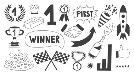Success Victory Doodle Icons. Hand drawn line Reward symbols. Outline First place Award signs. Winner Leader Champion concept design. Vector illustration cartoon comic style