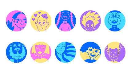 Round Human Avatars set. Modern colorful collection of hand drawn cartoon portraits. Diverse people man woman character in circle frames. Vector illustration. Y2k Aesthetic. Doodle style