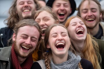 Group of young people having fun at a music festival, laughing.