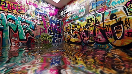 Fototapeta premium A wall covered in graffiti tags that morph into an optical illusion
