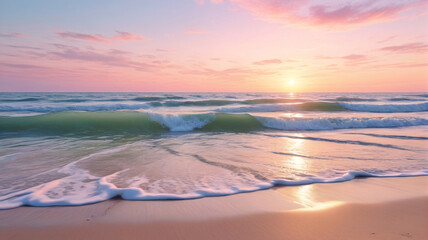 A serene seascape painting, with gentle waves lapping against a sandy shore under a pastel sky, bringing a sense of calm, Generative AI