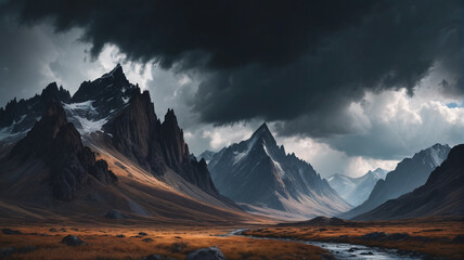 A dramatic landscape painting of a stormy sky over rugged mountains, where the artist's use of dark and light contrasts creates tension, Generative AI
