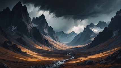 A dramatic landscape painting of a stormy sky over rugged mountains, where the artist's use of dark and light contrasts creates tension, Generative AI - Powered by Adobe
