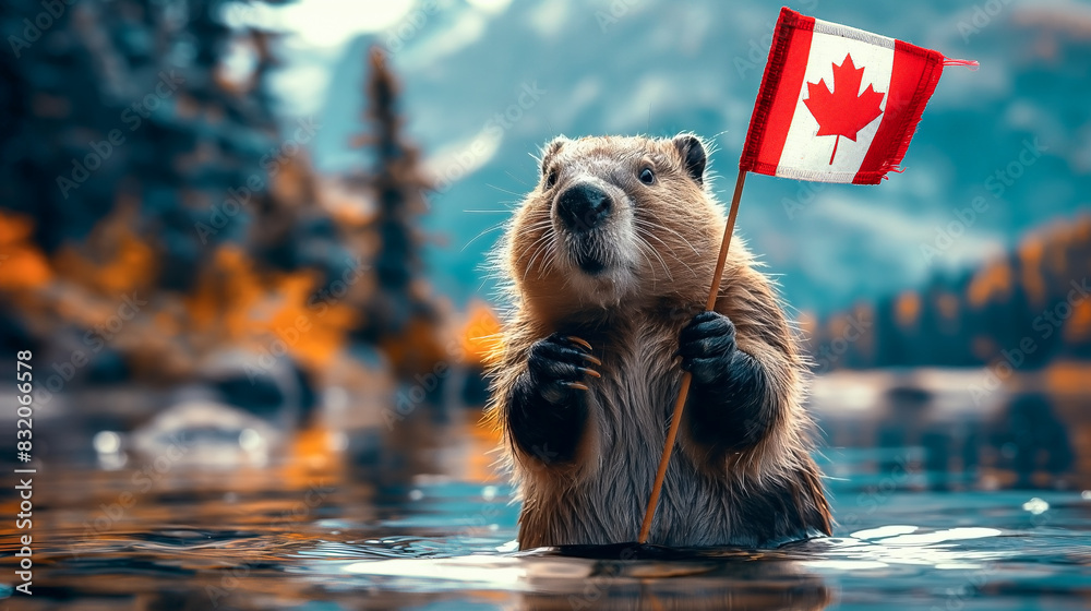 Wall mural Beaver Holding Canadian Flag For Canada Independence Day National Holiday Celebration With Canadian Nature Landscape in the Background