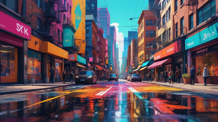 Obraz premium A colorful urban street painting, bustling with life and energy, where every detail of the cityscape is brought to life with vivid hues, Generative AI