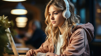 An attentive young woman with blonde hair using headphones while working on her laptop in a café setting - Powered by Adobe
