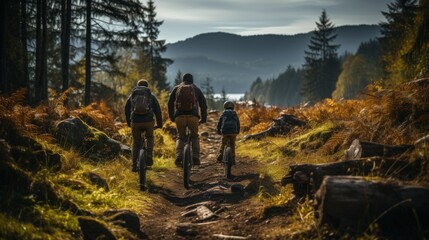 A family enjoys a peaceful bike ride through a forest trail surrounded by autumn foliage
