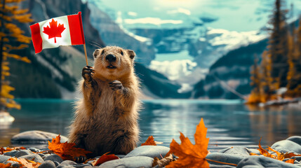 Funny Beaver Holding Canadian Flag For Canada Day National Holiday Celebration With Canadian Nature Landscape Of Lake And Mountains in the Background, Mock Up Empty
