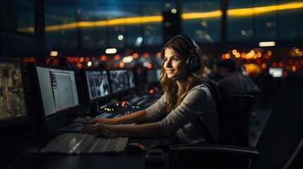 A focused professional woman wearing a headset sits at a workstation with multiple screens in a control center