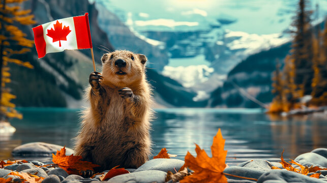 Funny Beaver Holding Canadian Flag For Canada Day National Holiday Celebration With Canadian Nature Landscape Of Lake And Mountains  in the Background, Mock Up Empty