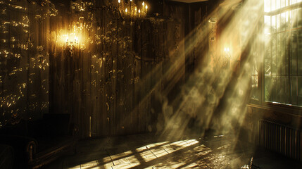 Warm, inviting sun rays fill a retro bronze room with coziness,