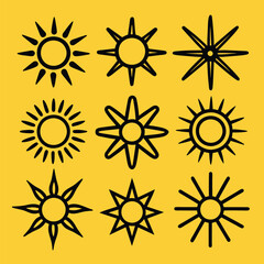 Set of Solid color outline Hand drawn sun vector icon. Sun sketch doodle design