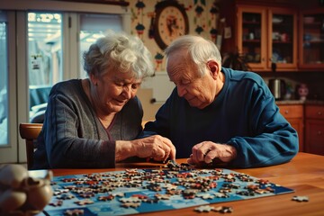 elderly couple doing a puzzle in the living room