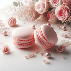 Pink macaroon with vanilla flavor on a neutral background with a decoration of flowers and pearls. Festive décor serving