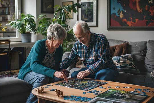 elderly couple doing a puzzle in the living room