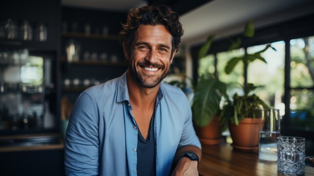 A handsome, smiling man casually posed in a modern cafe exudes friendliness and charm