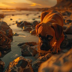 Adorable brown dog playing on a rocky beach during a beautiful sunset, capturing the serene and peaceful moment.