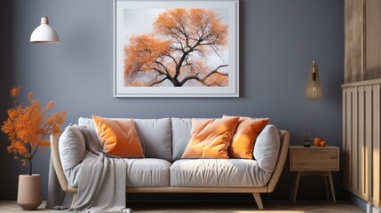 Cozy and stylish modern living room interior with vibrant orange cushions and framed autumn tree art