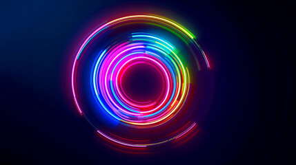 Glowing neon light circle with vivid colors on dark background. Night life, disco music concept