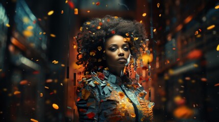An alluring model with voluminous hair and vibrant artistic makeup amidst an explosion of color, representing individuality and artistry