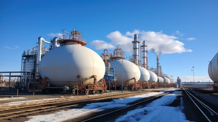 Obraz premium A clear day showcases industrial gas storage tanks and pipelines at a processing plant with railway access