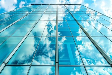 Geometric patterns of modern skyscraper windows reflecting the sky, close-up view