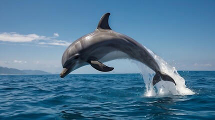 Fototapeta premium A playful dolphin leaps gracefully out of the crystal-clear turquoise ocean water, surrounded by sunlight and sea spray.