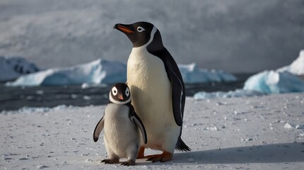 Naklejka premium A penguin family's journey across Antarctica in search of a new home ai_generated