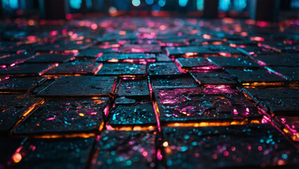 Bokeh image of a floor decorated with colorful neon 8