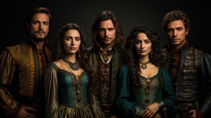 A group of individuals in historical costume posing for a regal portrait