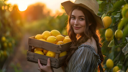 Beautiful young farmer woman holding a wooden box full of fresh lemon fruits standing in the plantation with sunset. Concept of healthy lifestyle, local farming and beauty.