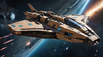 Naklejka premium A battle-worn starship emerging victorious from an epic space battle, its hull marked with the scars of conflict, Generative AI