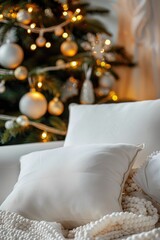 Cozy White Pillow on Fur Blanket with Christmas Tree Lights Background