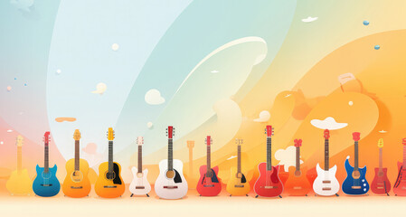 World Music Day. Banner with colorful musical instruments. Fête de la Musique. Design template for posters, invitations, brochures, cards. Wallpaper. Illustration. Copy space. Mock up