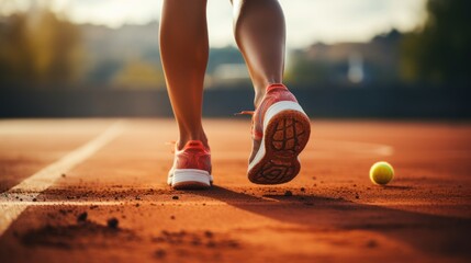 Close-up of a tennis player's legs and shoes on a clay court with a tennis ball nearby, highlighting action and fitness