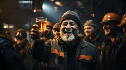 A joyful industrial worker toasting with a pint of beer among colleagues in a factory break room