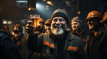 Fototapeta premium A joyful industrial worker toasting with a pint of beer among colleagues in a factory break room