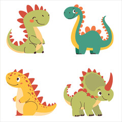 Set of vector illustrations in cartoon style. Super Cute dinosaurs on white background. Vector illustration
