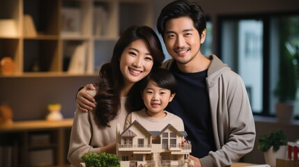 Obraz premium An Asian family with a young child sharing a moment together around a model house, conveying a sense of home, security, and happiness