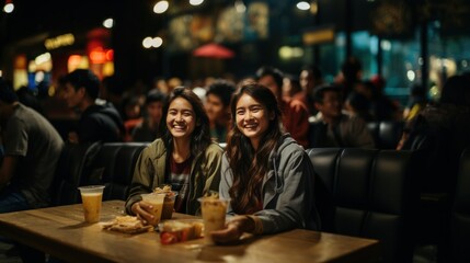 Two young women sharing a joyful moment over delicious snacks and drinks in the buzzing atmosphere of a night cafe