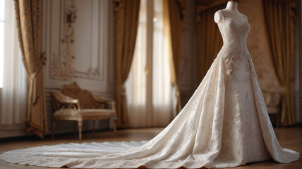 A luxurious wedding dress displayed on a mannequin, with intricate beadwork and a long train, set against a soft, romantic backdrop, Generative AI
