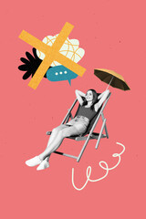 Vertical photo collage young woman have rest relaxation umbrella parasol crossed sign banned...