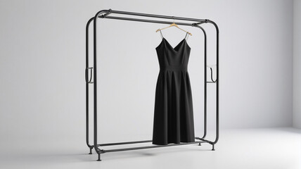 A chic little black dress hanging on a minimalist metal rack, embodying the perfect blend of simplicity and sophistication, Generative AI